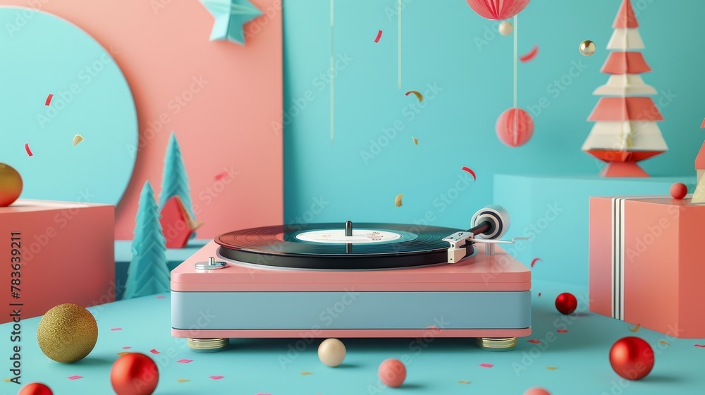 Poster retro record player spinning in a festive scene 3d style isolated flying objects memphis style 3d re