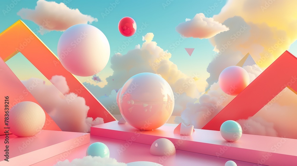 Poster retro-futuristic floating shapes in a dreamlike setting 3d style isolated flying objects memphis sty