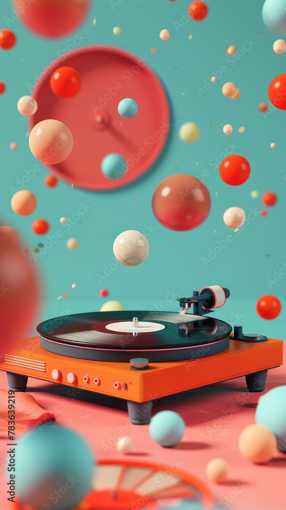 Poster retro record player spinning in a festive scene 3d style isolated flying objects memphis style 3d re