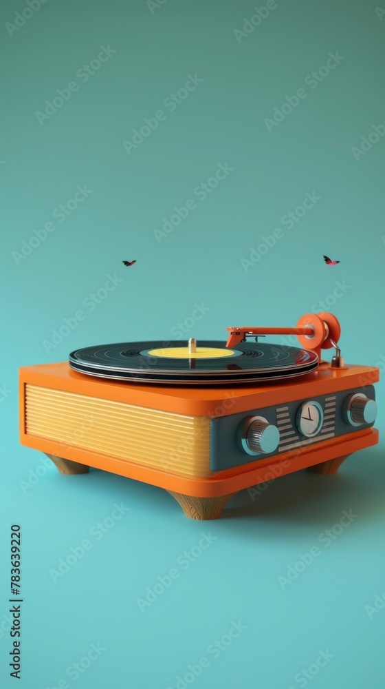 Poster retro record player spinning in a celebration theme 3d style isolated flying objects memphis style 3