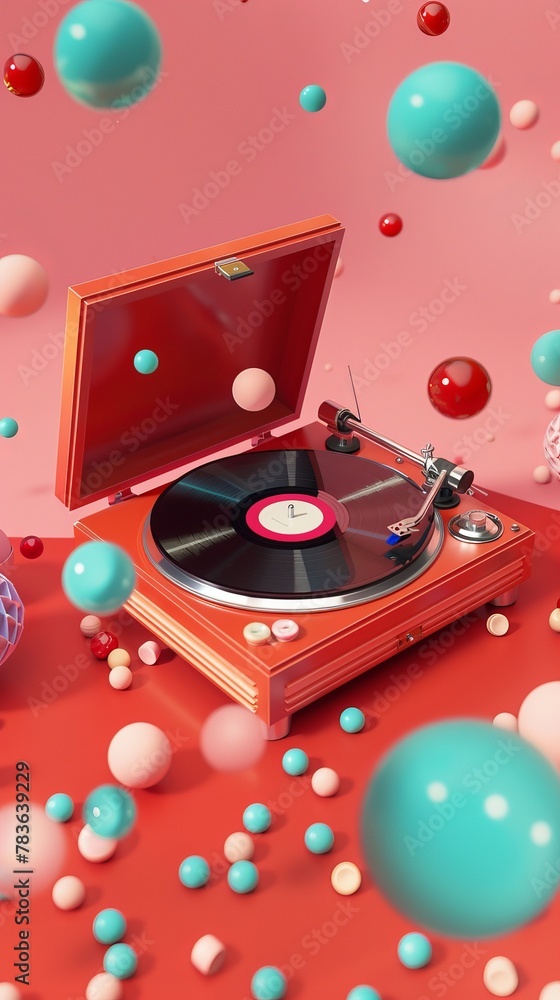 Poster retro record player spinning in a festive scene 3d style isolated flying objects memphis style 3d re
