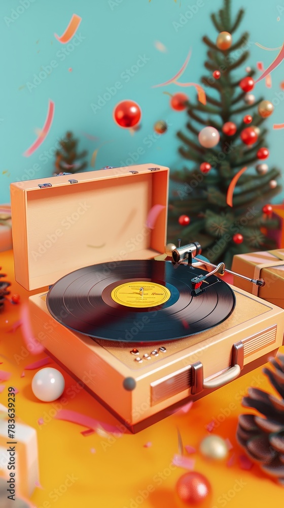 Poster retro record player spinning in a festive scene 3d style isolated flying objects memphis style 3d re