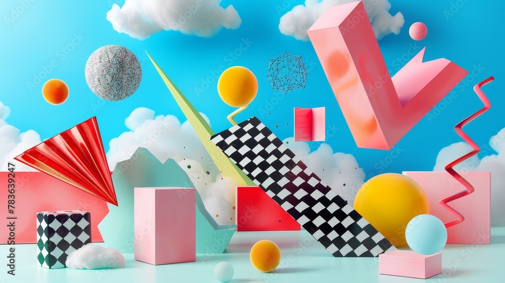Poster retro-futuristic flying shapes in a whimsical design 3d style isolated flying objects memphis style 