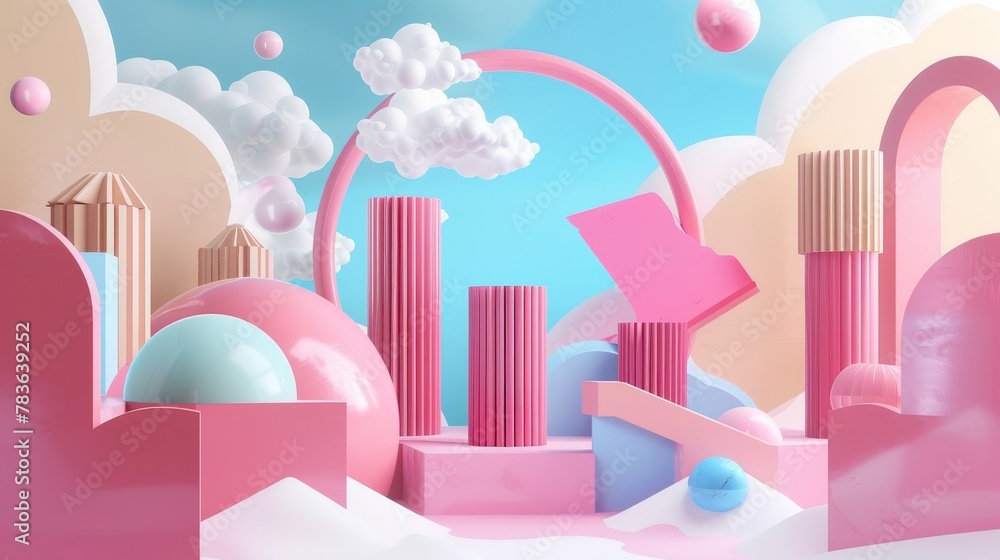 Poster Retro-futuristic floating shapes in a dreamlike setting  3d style isolated flying objects memphis style  3d render  AI generated illustration