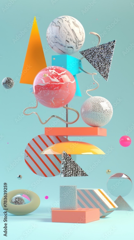 Poster Retro-futuristic floating shapes in a dreamlike setting  3d style isolated flying objects memphis style  3d render   AI generated illustration