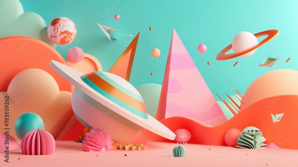 Poster Retro-futuristic flying shapes in a whimsical design  3d style isolated flying objects memphis style  3d render   AI generated illustration