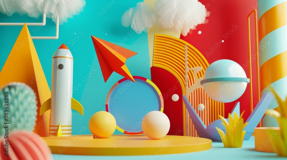 Poster Retro-futuristic flying shapes in a whimsical design  3d style isolated flying objects memphis style  3d render   AI generated illustration