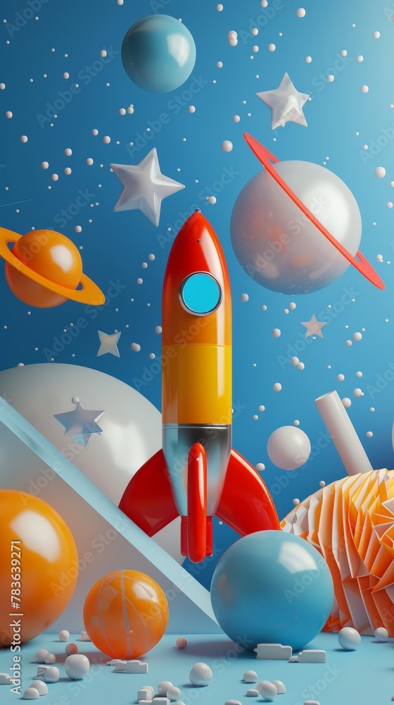 Poster retro-futuristic flying shapes in a whimsical design 3d style isolated flying objects memphis style 