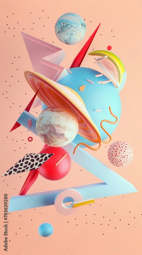 Poster retro-futuristic flying shapes in a whimsical design 3d style isolated flying objects memphis style 