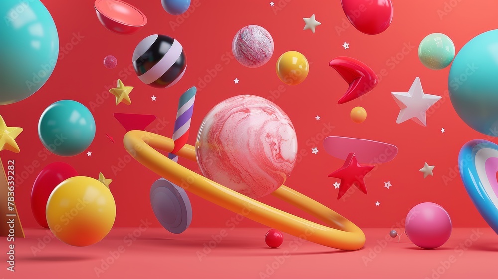 Aufkleber Retro-inspired  3d objects floating in space  3d style isolated flying objects memphis style  3d render   AI generated illustration