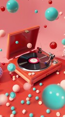 Retro record player spinning in a festive scene  3d style isolated flying objects memphis style  3d render  AI generated illustration