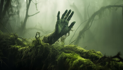 A hand is reaching out in the air above a tree covered in moss - obrazy, fototapety, plakaty