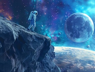 Fototapeta na wymiar Astronaut stands on a rocky expanse, gazing at a vast blue planet and its moon hanging in the cosmic nebula.
