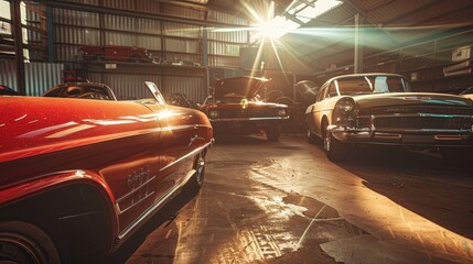 Sun rays illuminating classic cars in a garage  AI generated illustration - obrazy, fototapety, plakaty