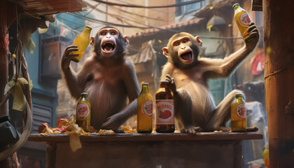 Three monkeys are sitting at a table with bottles of beer and a bowl of food - obrazy, fototapety, plakaty