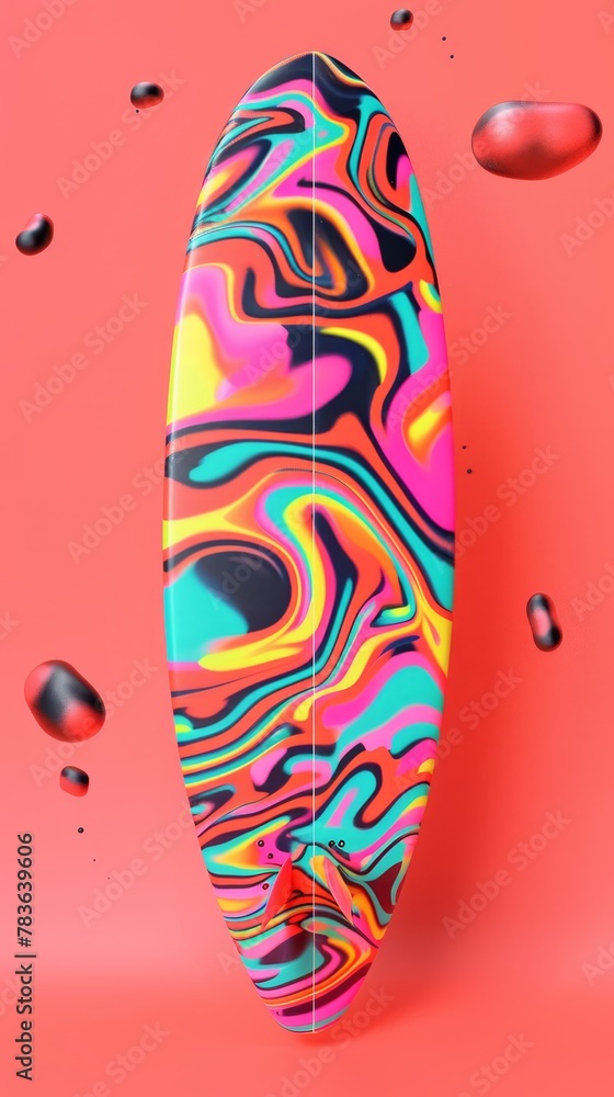 Poster surfboard and waves in a psychedelic pattern 3d style isolated flying objects memphis style 3d rende