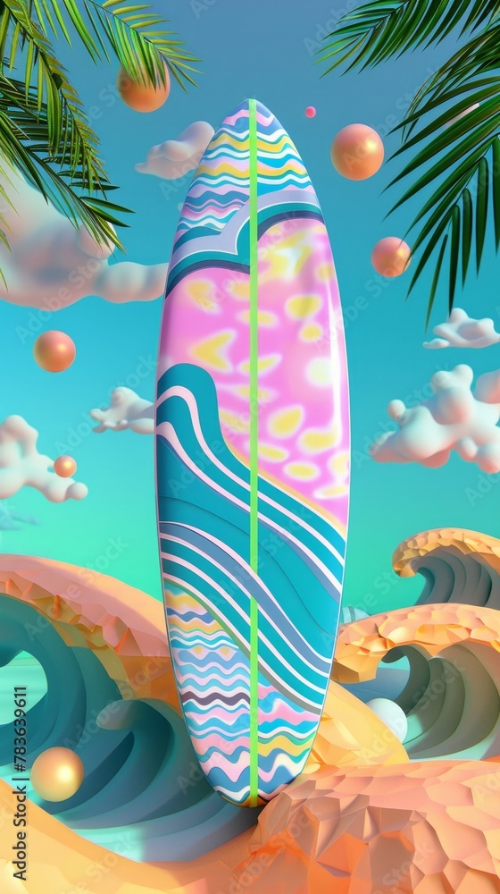 Poster Surfboard and waves in a psychedelic pattern  3d style isolated flying objects memphis style  3d render   AI generated illustration