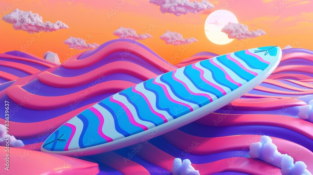 Poster surfboard and waves in a psychedelic pattern 3d style isolated flying objects memphis style 3d rende