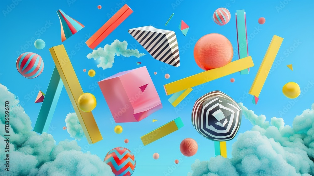 Poster surreal 3d renderings inspired by memphis design 3d style isolated flying objects memphis style 3d r