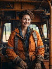 Beautiful woman excavator worker