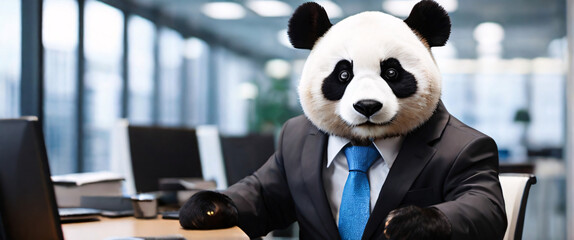 Business Panda wearing suits in an office, seated in front of a commanding monitor analyze complex data sets in real-time, with a digital interface overlaid onto the scene that high - obrazy, fototapety, plakaty