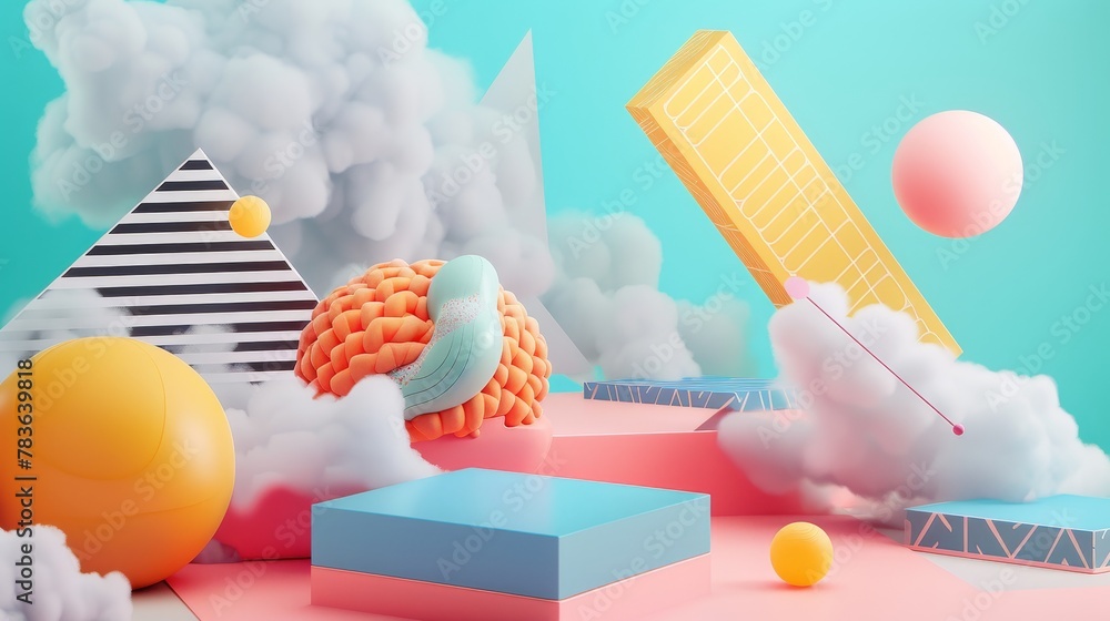 Poster Surreal  3d renderings with a retro twist  3d style isolated flying objects memphis style  3d render   AI generated illustration