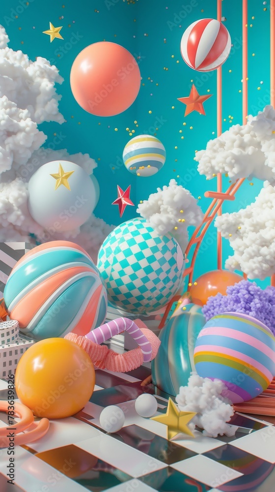 Poster surreal 3d renderings with a retro twist 3d style isolated flying objects memphis style 3d render ai