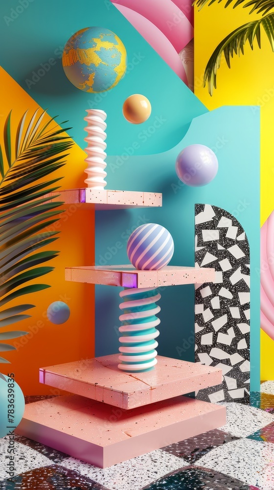 Poster Surreal  3d renderings with a retro twist  3d style isolated flying objects memphis style  3d render   AI generated illustration
