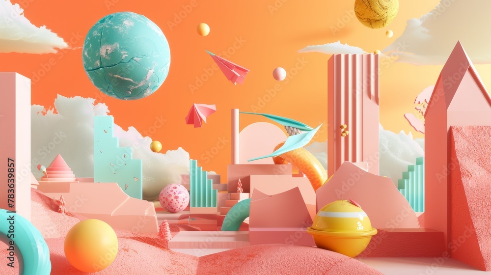 Poster Surreal  3d renderings with a touch of whimsy  3d style isolated flying objects memphis style  3d render   AI generated illustration