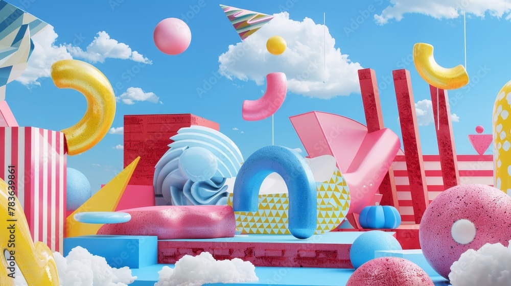 Poster Surreal  3d renderings with a touch of whimsy  3d style isolated flying objects memphis style  3d render   AI generated illustration