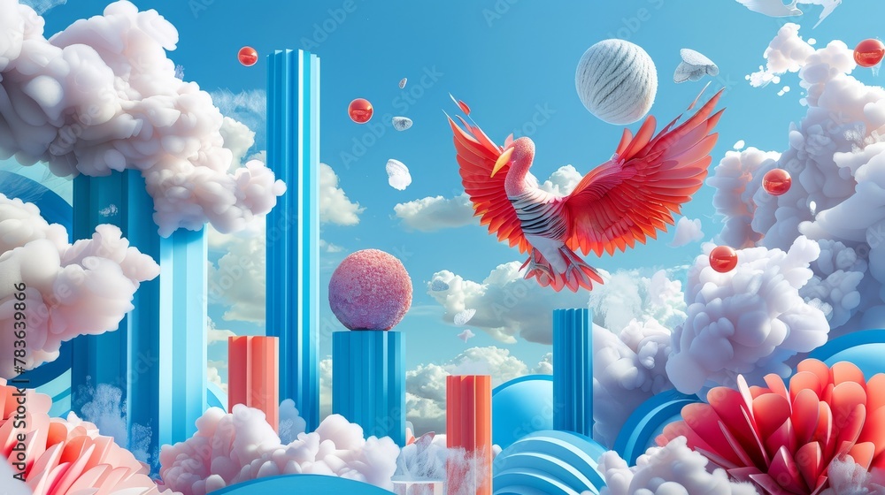 Fototapete surreal 3d renderings with a touch of whimsy 3d style isolated flying objects memphis style 3d rende