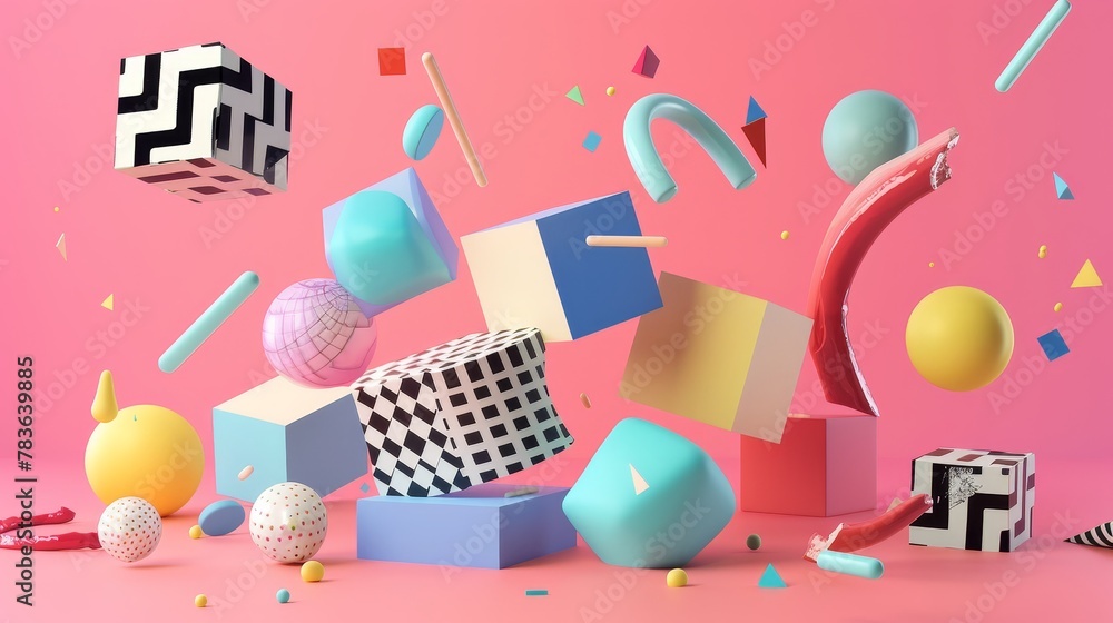 Poster surreal 3d shapes with a memphis-inspired color palette 3d style isolated flying objects memphis sty