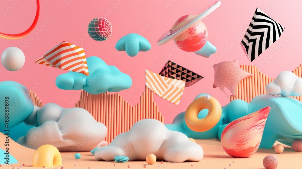 Poster surreal 3d shapes with a memphis-inspired color palette 3d style isolated flying objects memphis sty