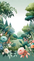 AI-generated illustration of a a variety of colorful flowers and trees