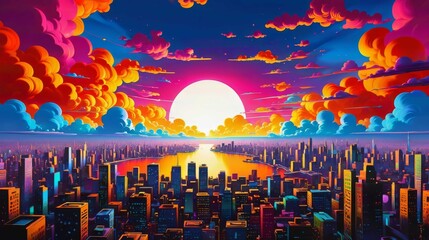 Obraz premium Sunset Over City Painting. Generative AI