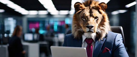  Business Lion wearing suits in an office, seated in front of a commanding monitor analyze complex data sets in real-time, with a digital interface overlaid onto the scene that high