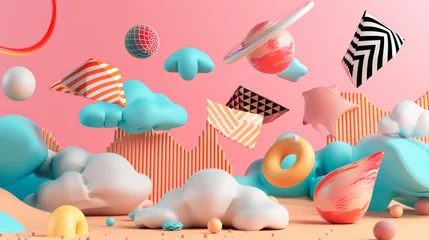 Gordijnen Surreal  3d shapes with a Memphis-inspired color palette  3d style isolated flying objects memphis style  3d render   AI generated illustration © ArtStage