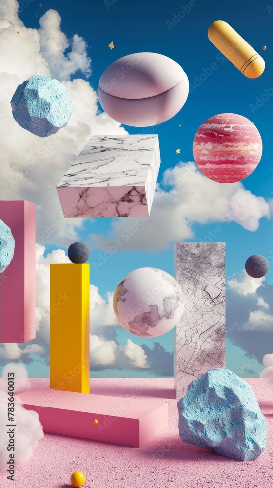 Poster surreal floating objects set against a memphis-inspired backdrop 3d style isolated flying objects me