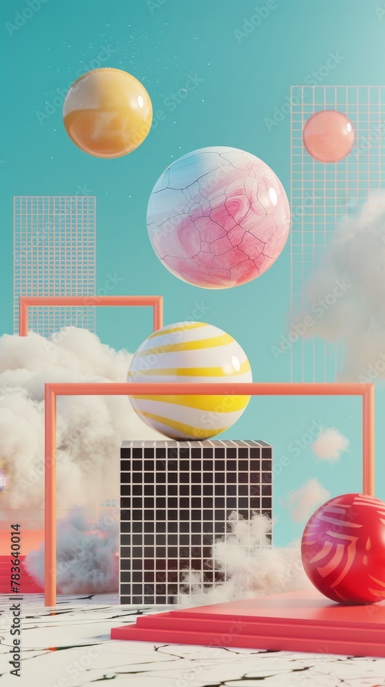 Fototapete Surreal floating objects set against a Memphis-inspired backdrop  3d style isolated flying objects memphis style  3d render   AI generated illustration
