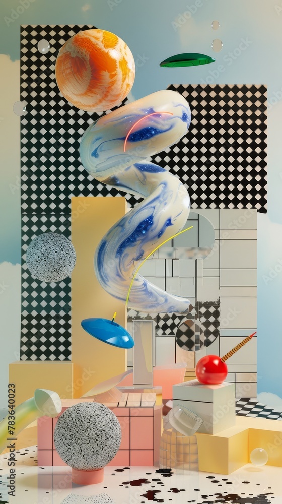 Poster surreal floating objects set against a memphis-inspired backdrop 3d style isolated flying objects me