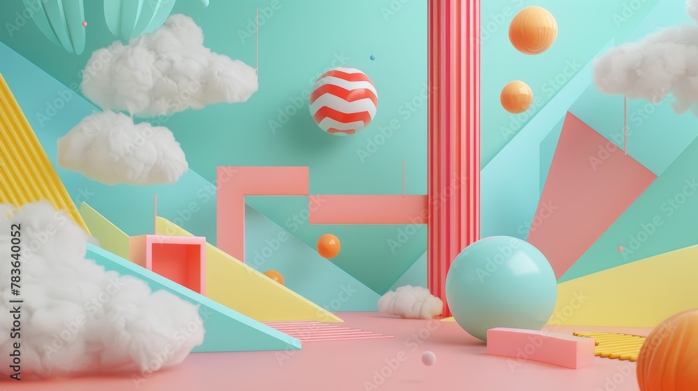 Poster Surreal flying objects set against a minimalist background  3d style isolated flying objects memphis style  3d render   AI generated illustration