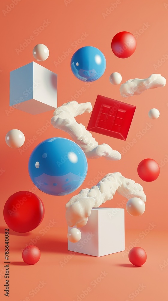 Poster Surreal flying objects set against a minimalist background  3d style isolated flying objects memphis style  3d render  AI generated illustration