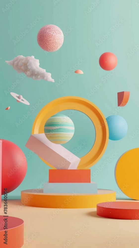 Poster Surreal flying objects set against a minimalist background  3d style isolated flying objects memphis style  3d render   AI generated illustration