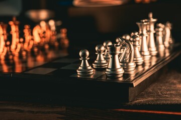 Closeup of chess pieces on chess board