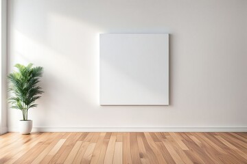 blank empty white canvas hanging on a wall in an elegant white room