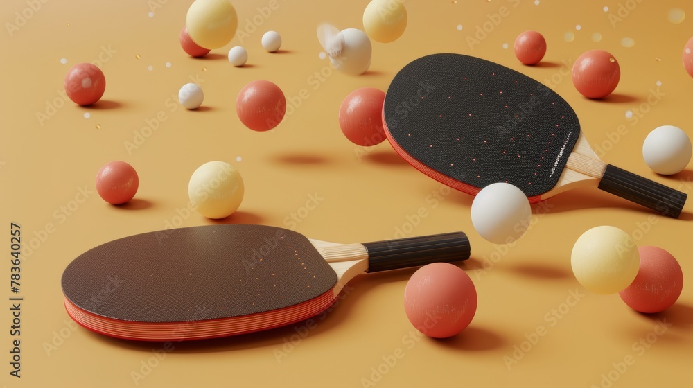 Poster table tennis paddles and balls in a modern design 3d style isolated flying objects memphis style 3d 