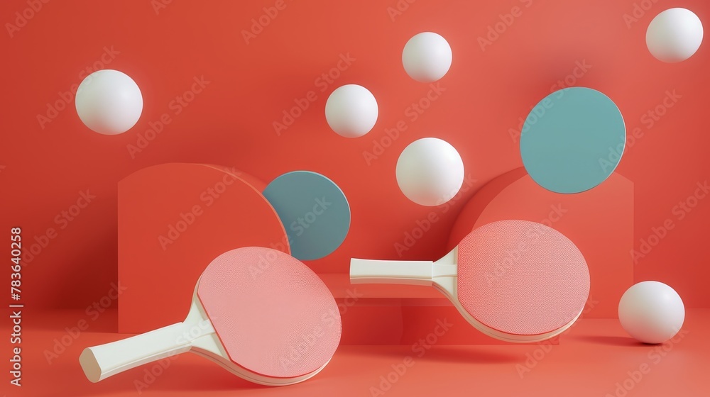 Poster table tennis paddles and balls in a modern design 3d style isolated flying objects memphis style 3d 