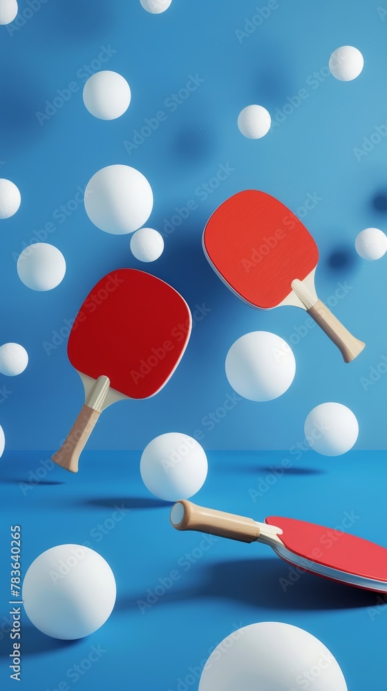 Poster table tennis paddles and balls in a modern design 3d style isolated flying objects memphis style 3d 