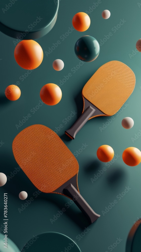 Poster table tennis paddles and balls in a modern design 3d style isolated flying objects memphis style 3d 
