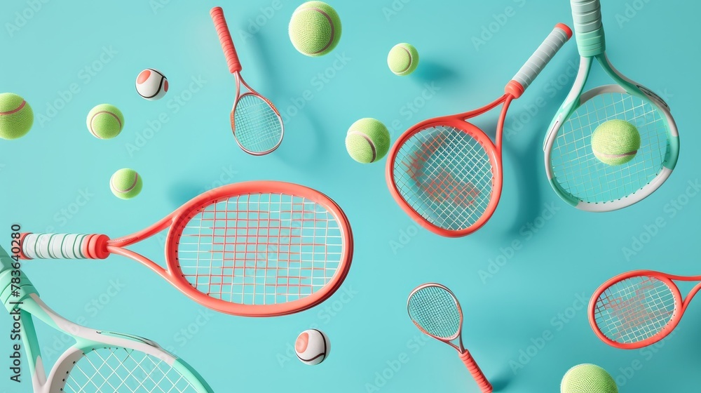 Poster tennis racquets and balls floating 3d style isolated flying objects memphis style 3d render ai gener